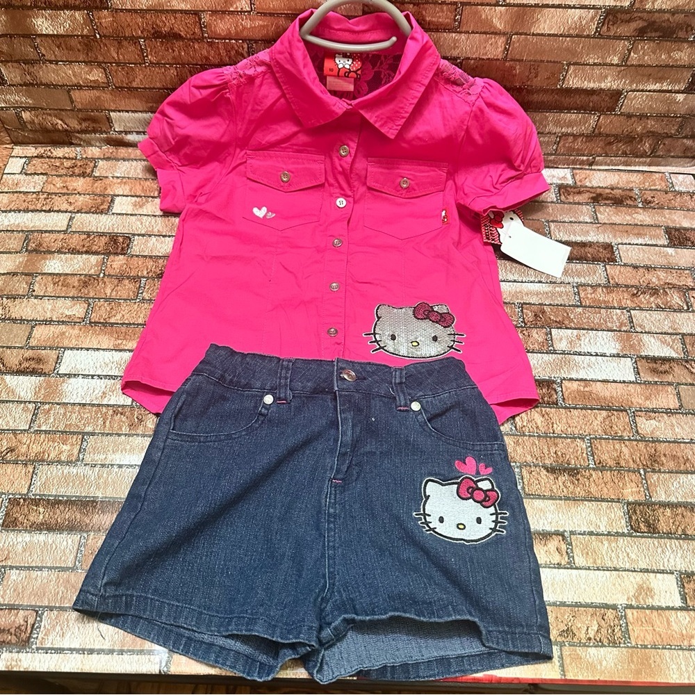 Pink Hello Kitty Shirt and Denim Shorts Set size 10